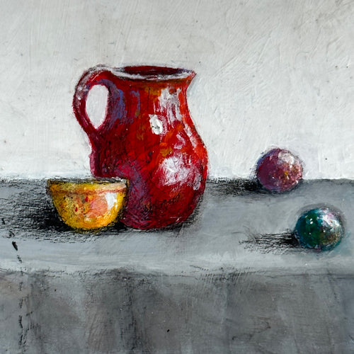 Still life oil painting with cups and vase on a table