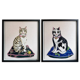 Two mixed media embroidered cats in wood frame