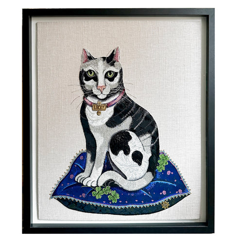 Mixed media embroidered cat  in wood frame