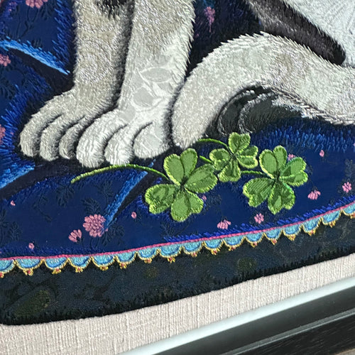 Mixed media embroidered cat  in wood frame detail