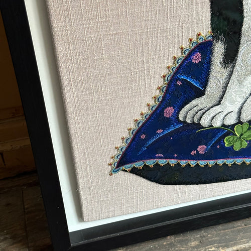 Mixed media embroidered cat  in wood frame detail