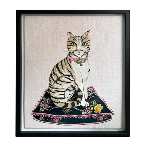 Mixed media embroidered cat  in wood frame