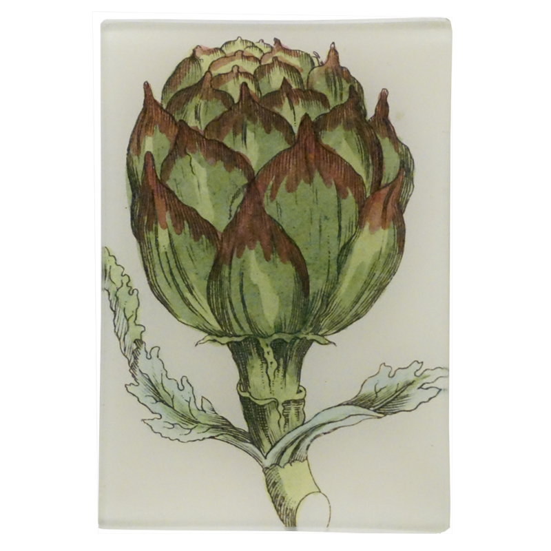 An illustration of an artichoke on a four and a half inch by five inch glass tray.