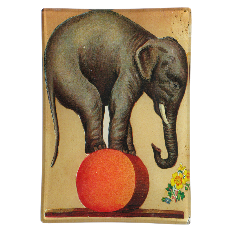 An elephant standing on a red sphere with floral elements at the bottom on a four and a half inch by six and a half inch tray. 